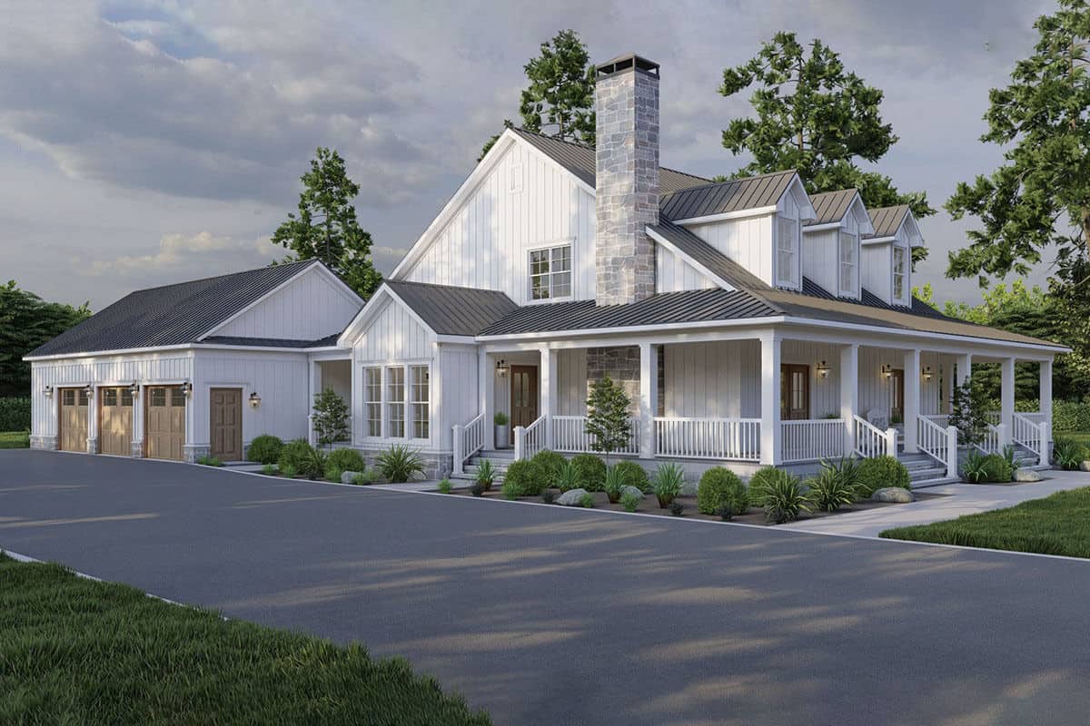 Front-left view with a wraparound porch and a side-entry garage.