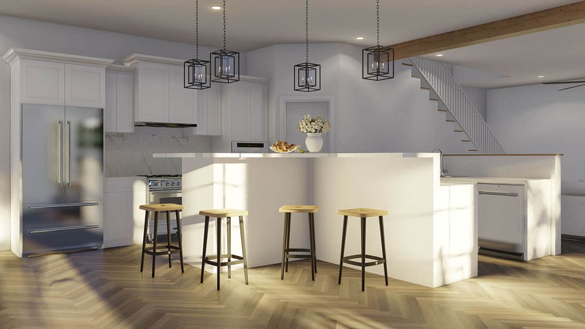Kitchen with white cabinetry, stainless steel appliances, and a center island with raised eating bars.