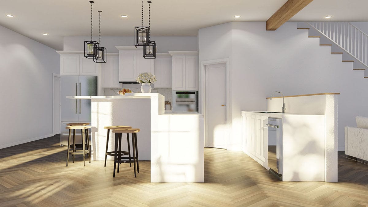 The kitchen includes stainless steel appliances and a corner pantry.