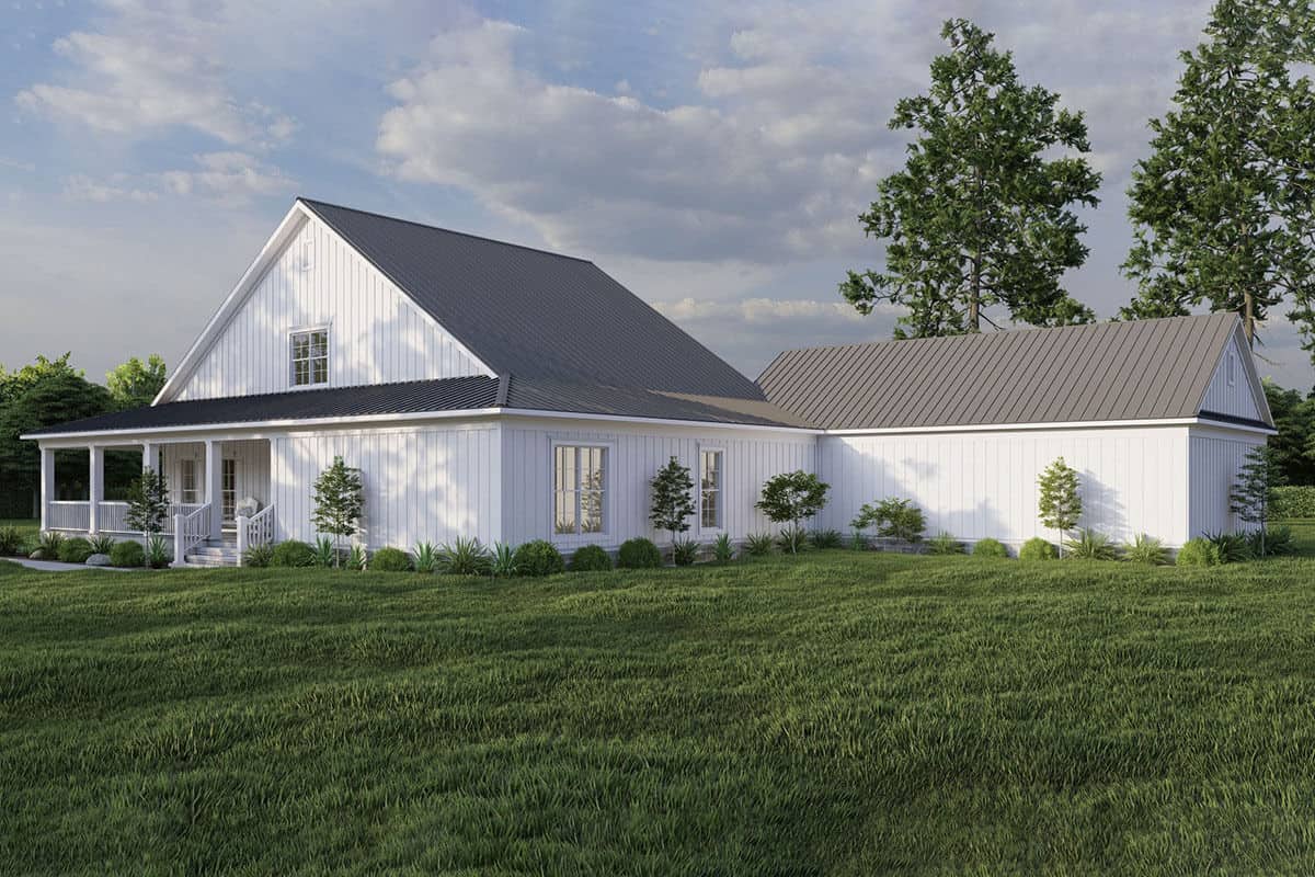 Right-rear view with vertical siding, gable rooflines, and a covered porch.