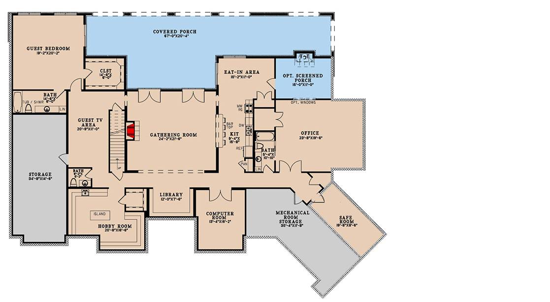 Lower level floor plan with a guest bedroom, home office, hobby room, computer room, safe room, guest TV area, library, kitchen, and gathering room that opens to a covered porch.
