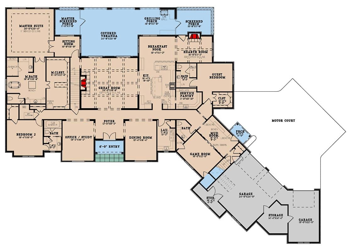 Main level floor plan of a luxury 7-bedroom two-story European home with foyer, great room, kitchen, breakfast nook, dining room, hearth room, three bedrooms, laundry, game room, and mudroom leading to the garage.