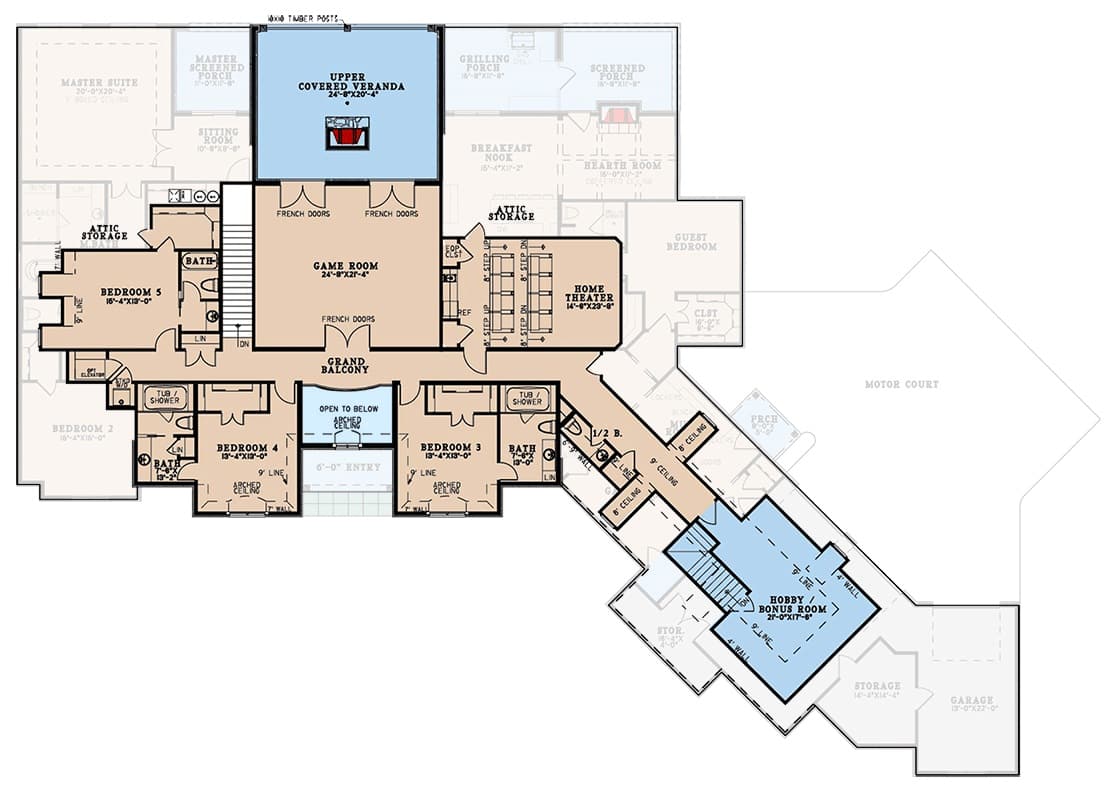 Second level floor plan with three bedrooms, a game room, a home theater, and a hobby/bonus room.