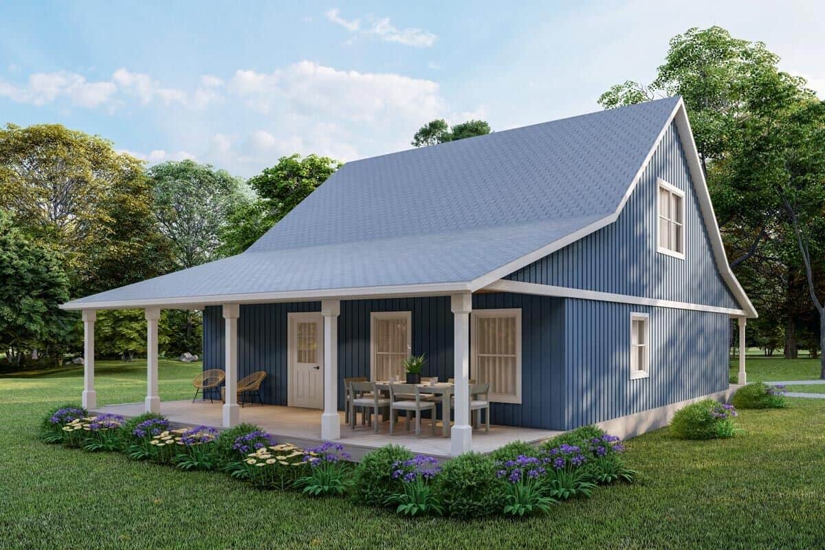Rear-left view with vertical siding and covered porch.