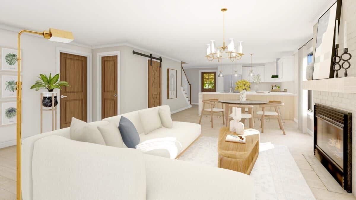 Living room with an electric fireplace and an L-shaped sofa paired with a wooden coffee table.