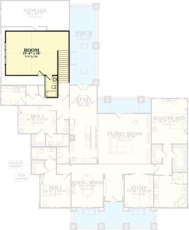 Second level floor plan with a bedroom and a full bath.
