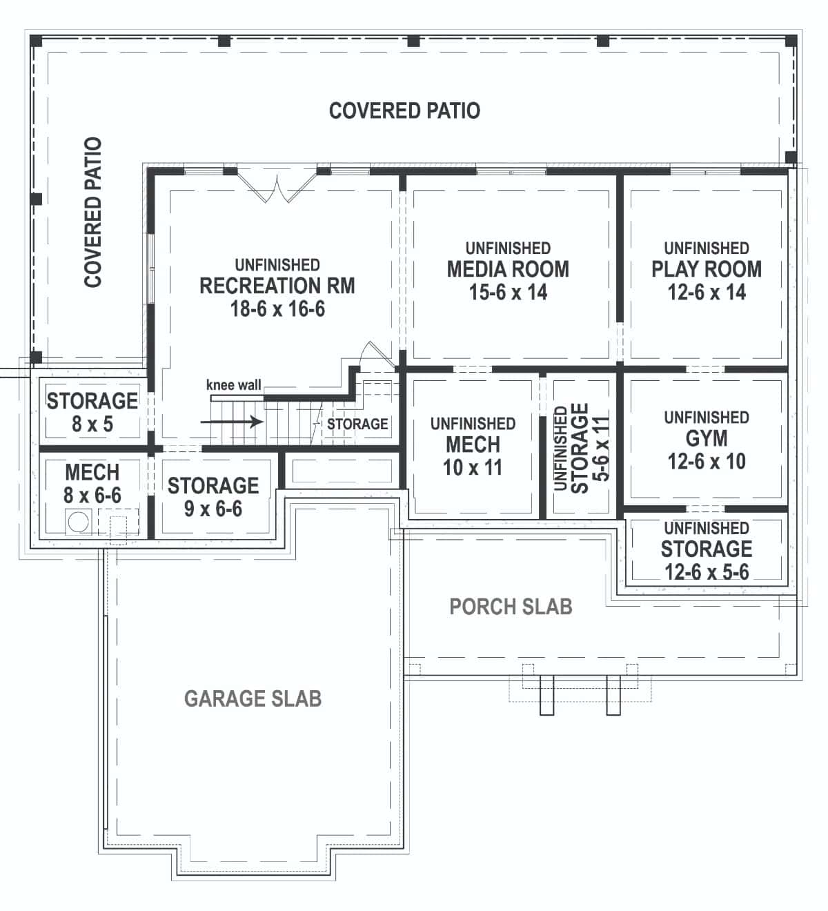 Lower level floor plan with playroom, gym, media room, and rec room that opens to the rear patio.