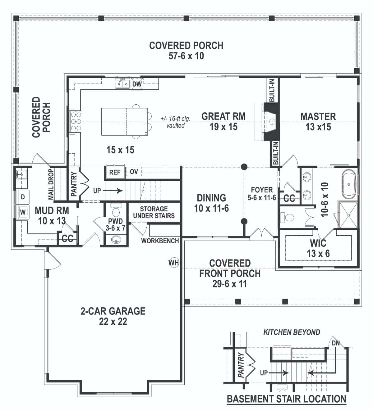Main level floor plan of the Cranberry Gardens two-story 3-bedroom modern farmhouse with foyer, great room, kitchen, 2-car garage, and mudroom that opens to the wraparound porch.