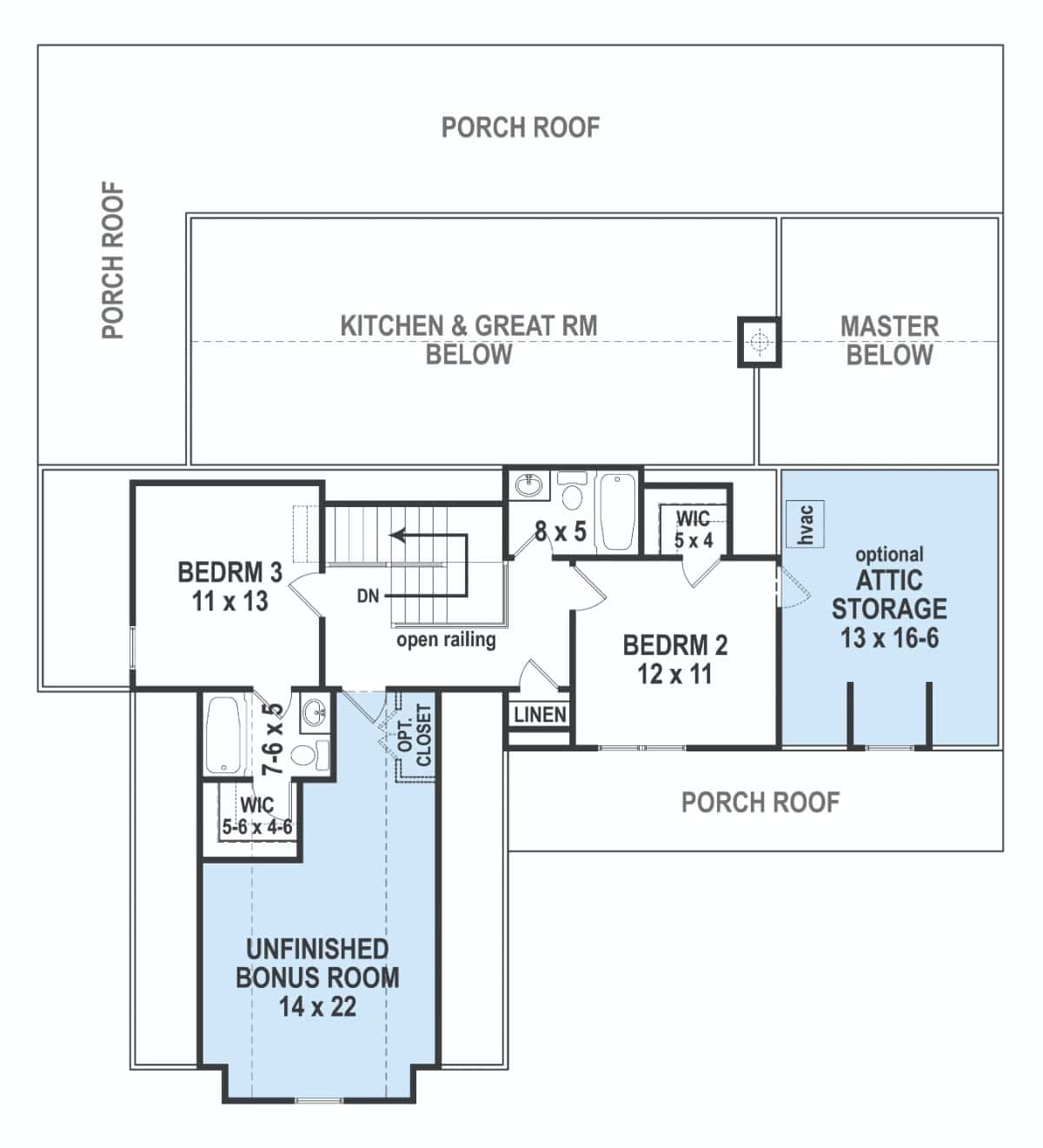 Second level floor plan with two bedrooms, two baths, and lots of storage space.
