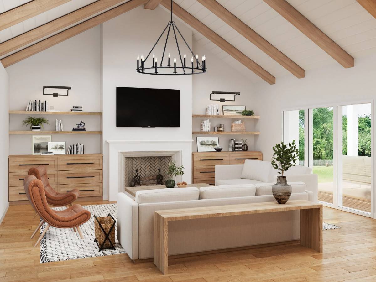 Living room with modern seats, a fireplace, a wall-mounted TV, and a cathedral ceiling highlighted by exposed wood beams.