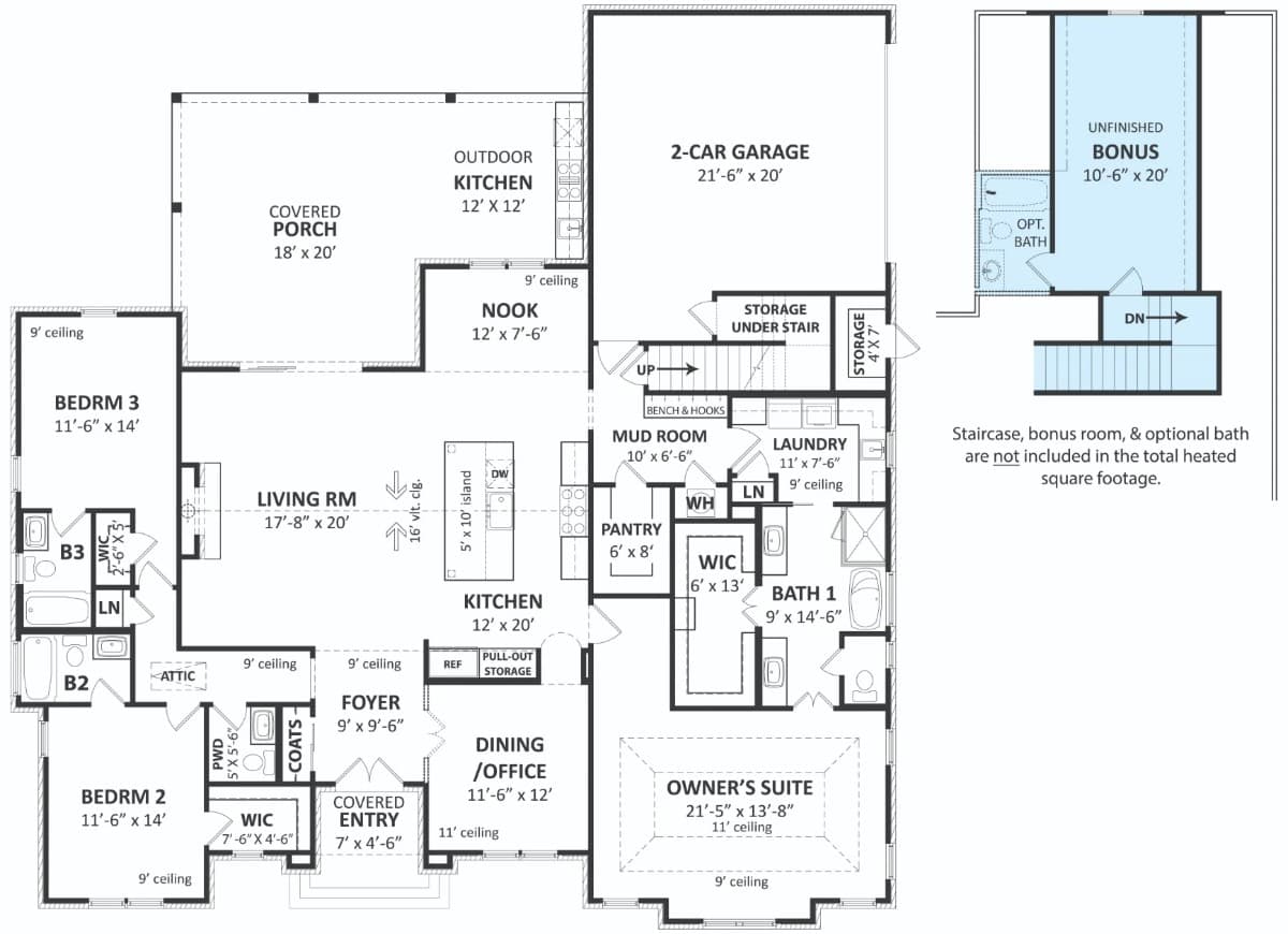 Main level floor plan of a 3-bedroom transitional single-story Sweet Magnolia home with foyer, living room, kitchen, breakfast nook, dining/office, three bedrooms, and mudroom leading to the garage.
