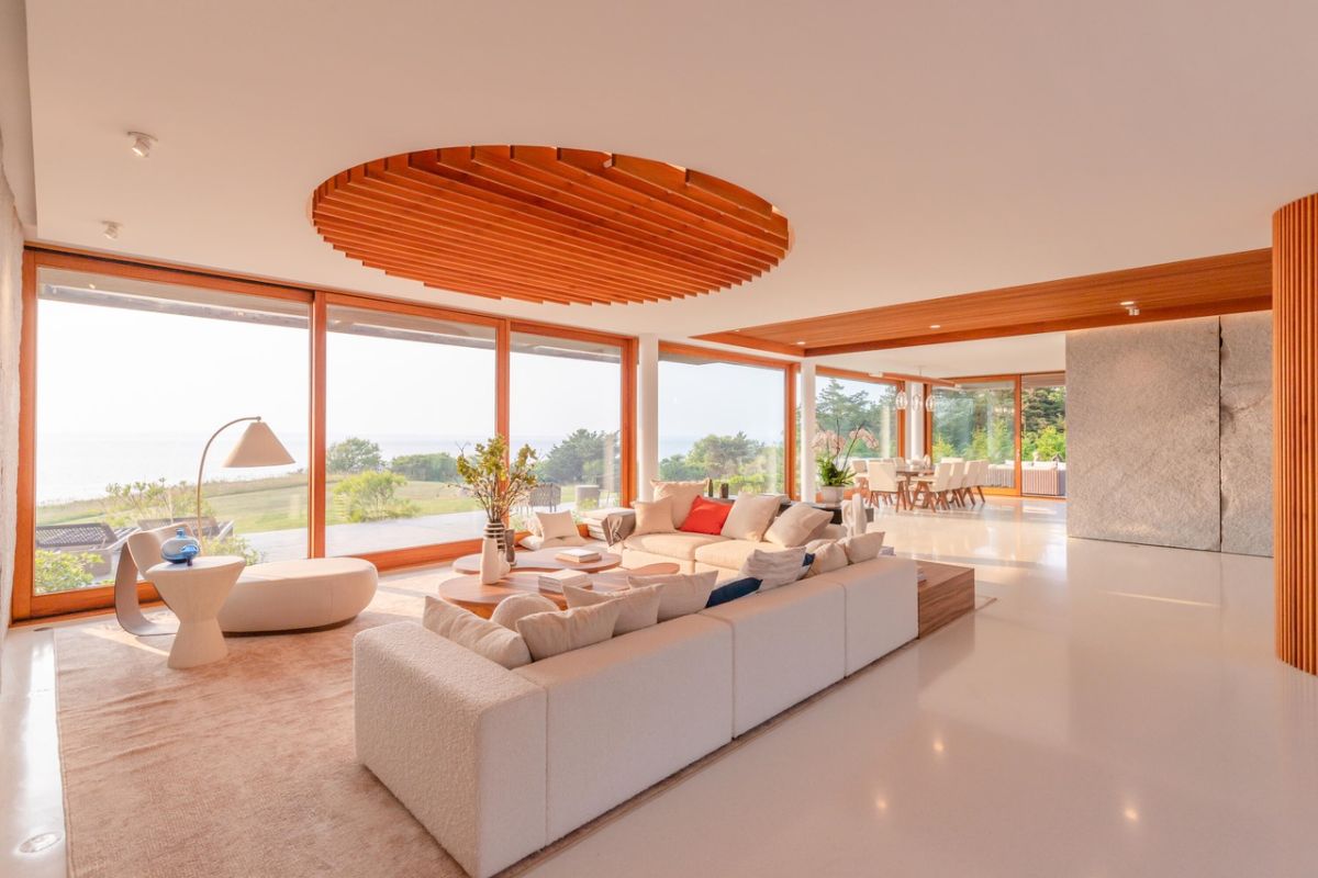 A spacious living room with glass windows.