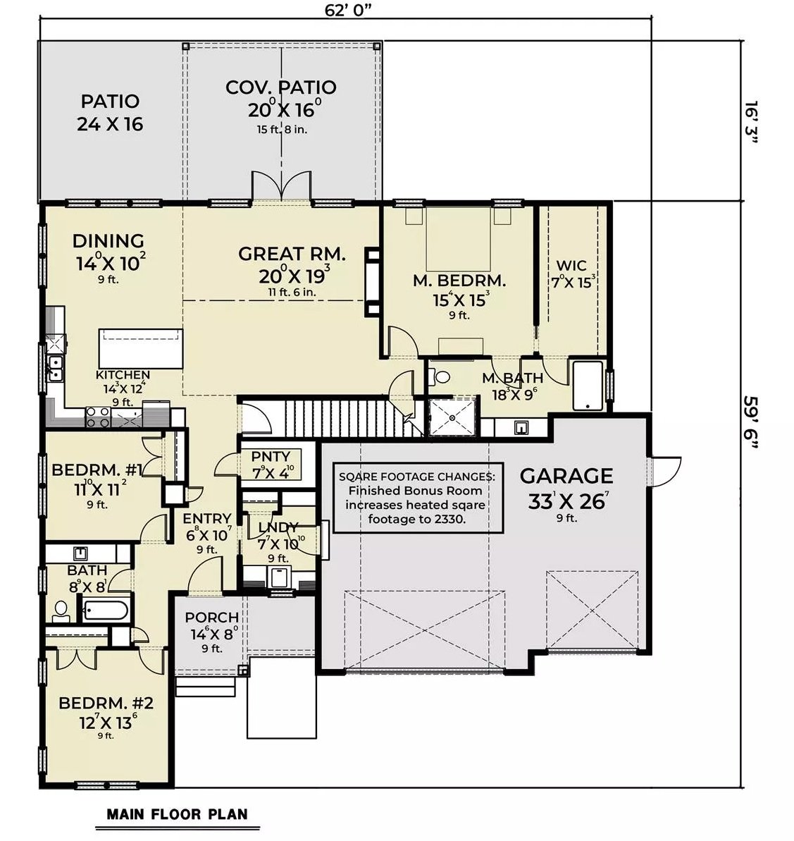 Main level floor plan of a single-story craftsman style 3-bedroom home with foyer, great room, dining room, kitchen, three bedrooms, and laundry leading to the garage.
