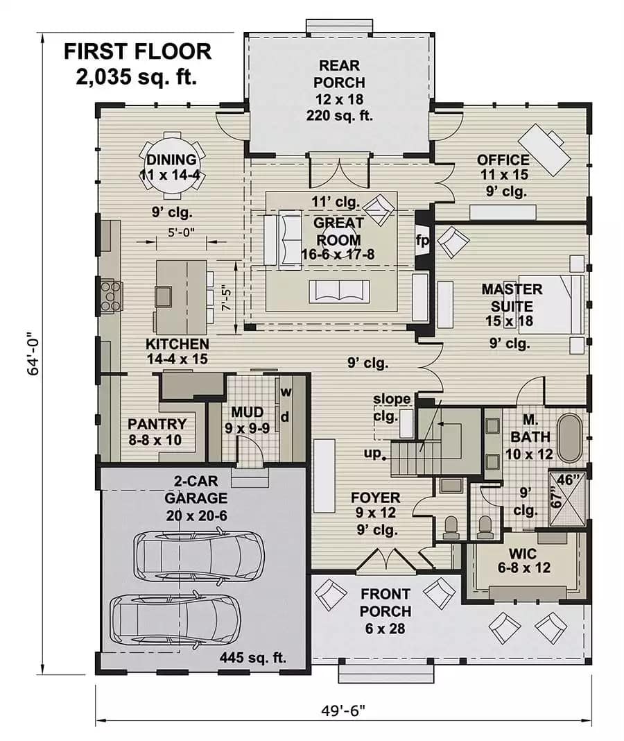 Main level floor plan of The Ensley 4-bedroom two-story modern farmhouse with foyer, great room, dining room, kitchen, primary suite, home office, and mudroom leading to the garage.