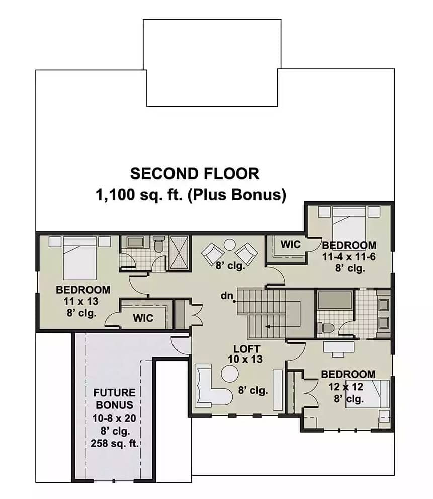 Second level floor plan with three bedrooms, a loft, and a future bonus room.
