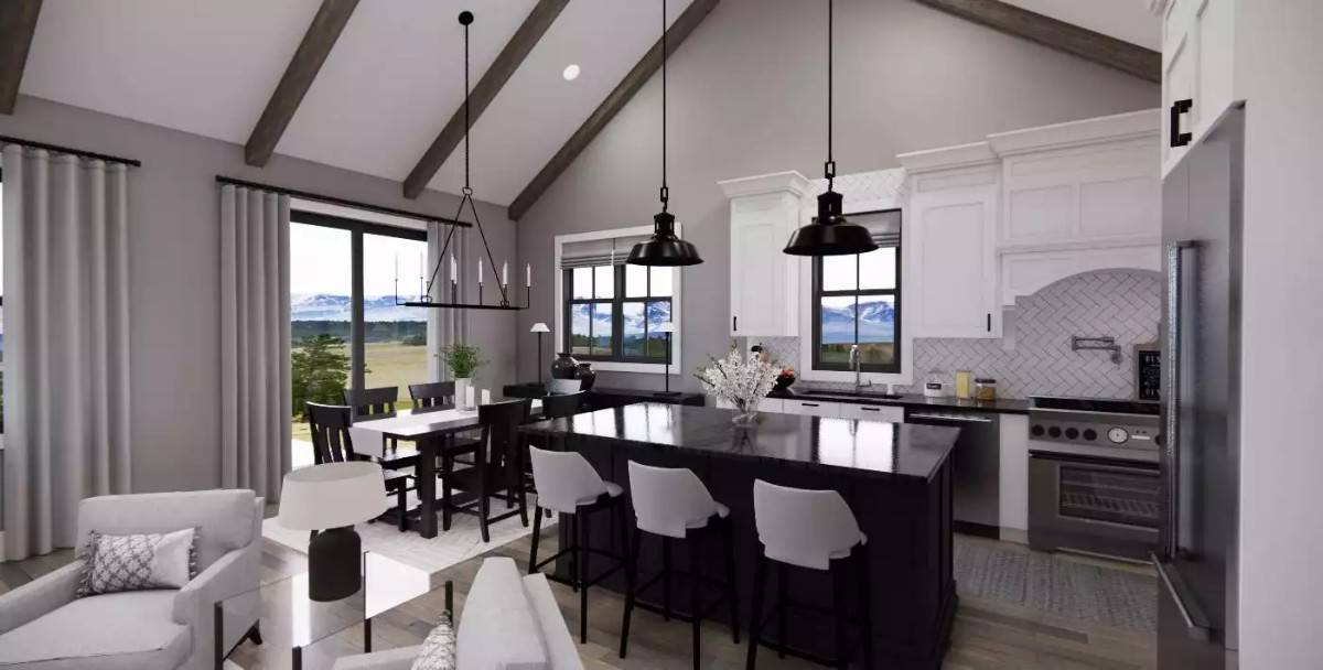 Kitchen and dining area with sliding glass doors that open to the rear patio.