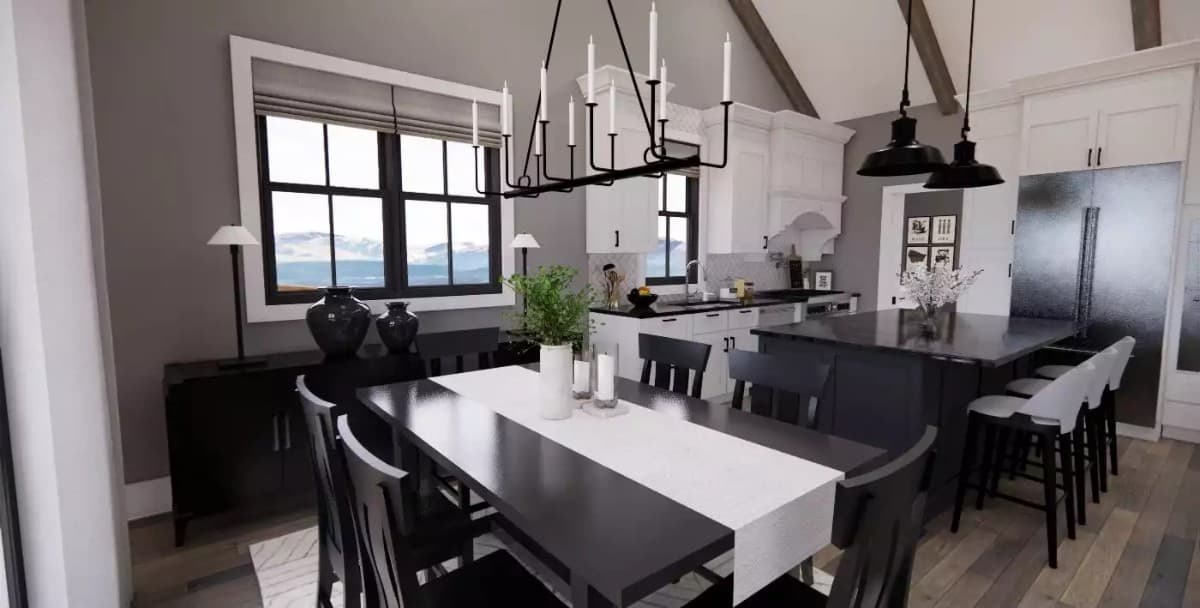 Dining area with a dark wood buffet table and a matching dining set topped with a wrought iron chandelier.