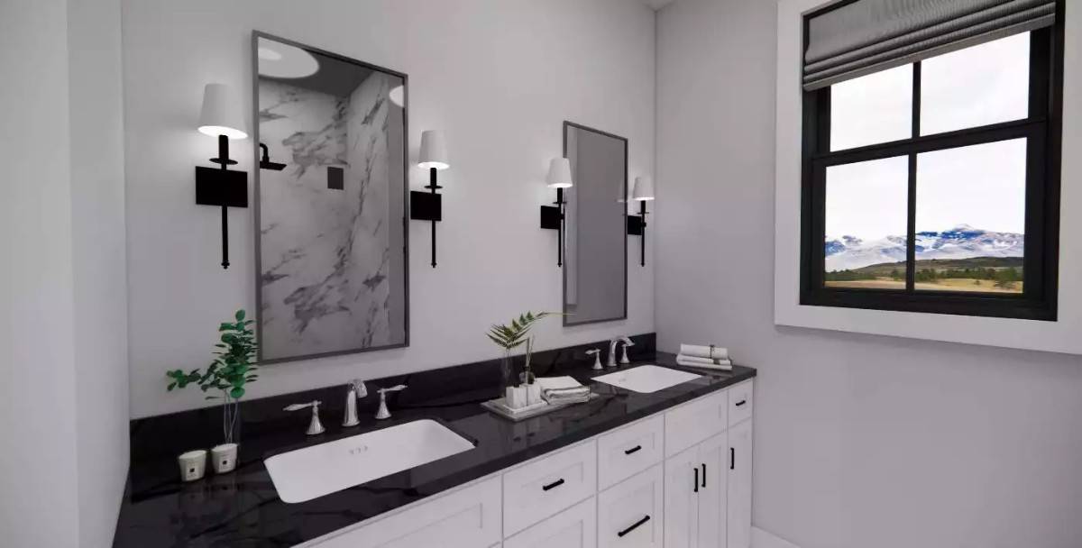 Primary vanity with two sinks, white cabinets, and a contrasting countertop.