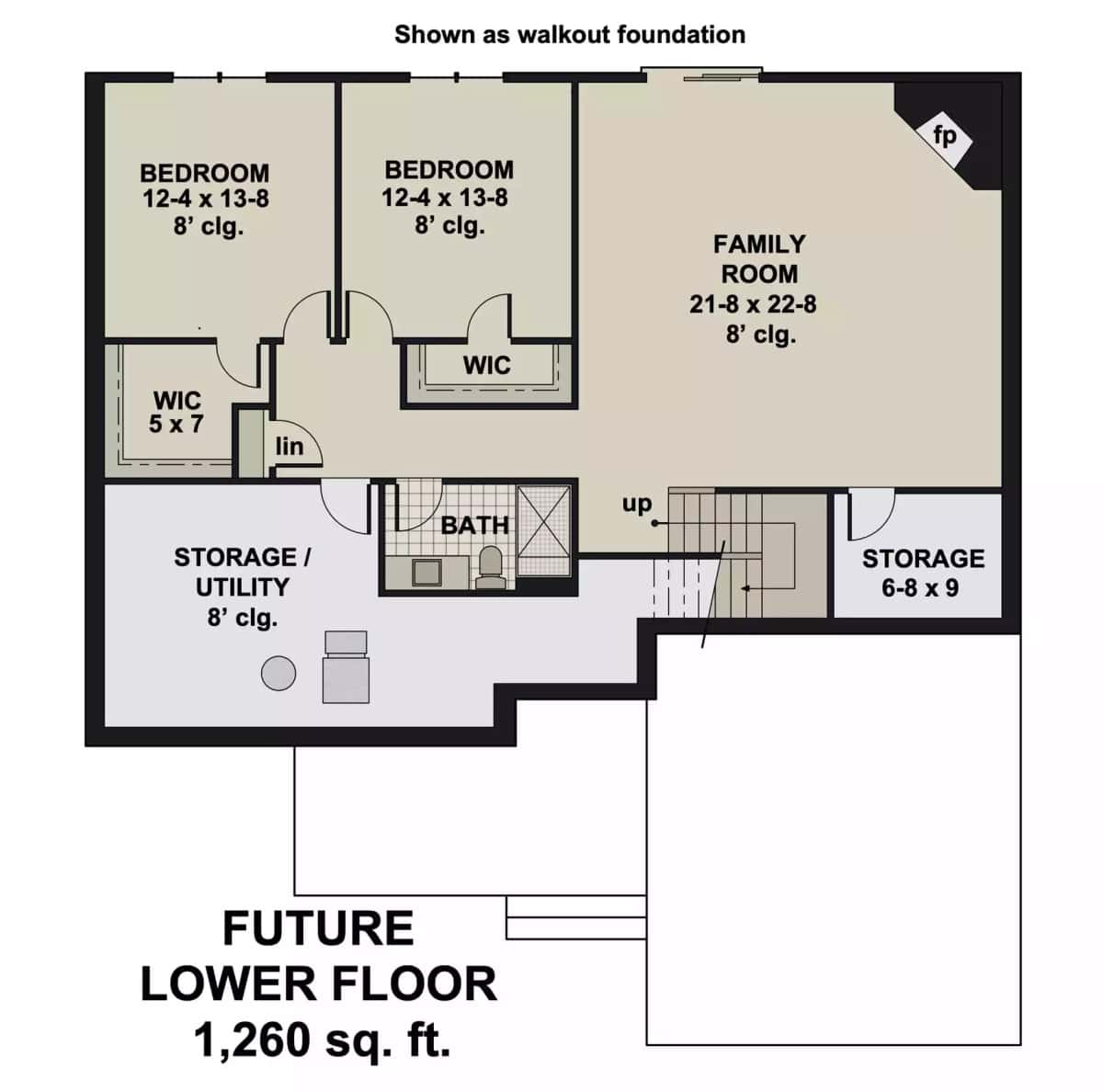 Lower level floor plan with two bedrooms, a shared bath, a family room, and plenty of storage space.