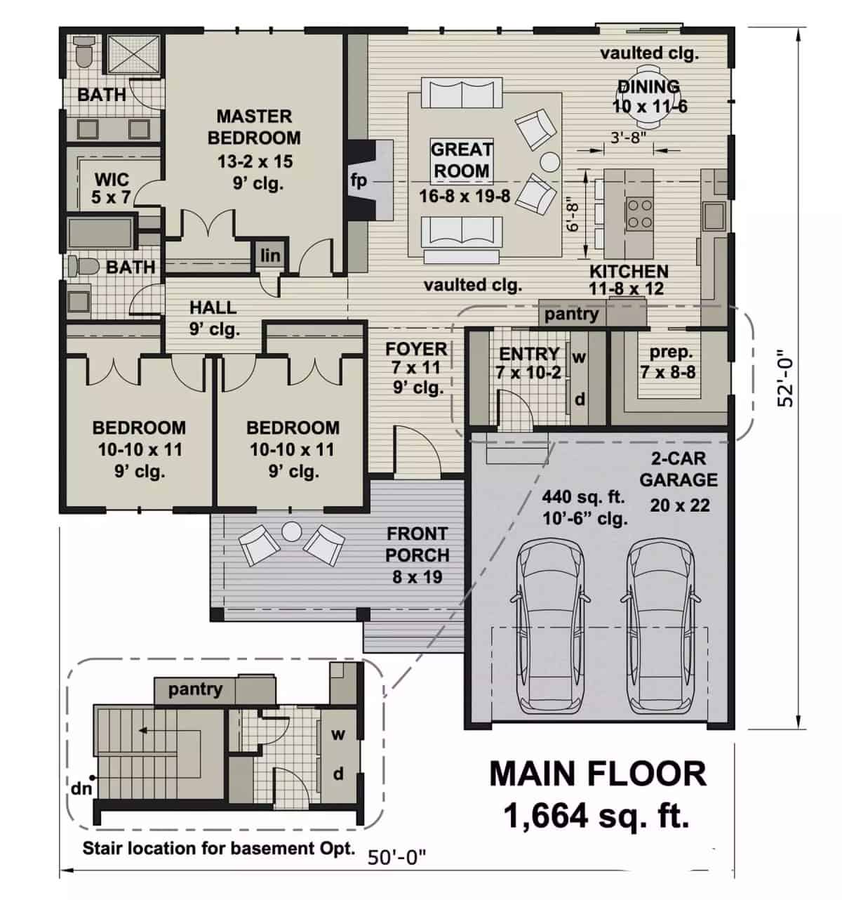 Main level floor plan of the Eagle Creek 3-bedroom single-story craftsman ranch with foyer, great room, kitchen, dining area, three bedrooms, and mudroom leading to the garage.