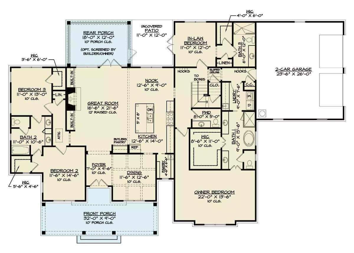 Main level floor plan of a modern farmhouse style single-story 4-bedroom Oak Hill home with foyer, dining room, great room, kitchen, breakfast nook, four bedrooms, laundry, and mudroom leading to the garage.