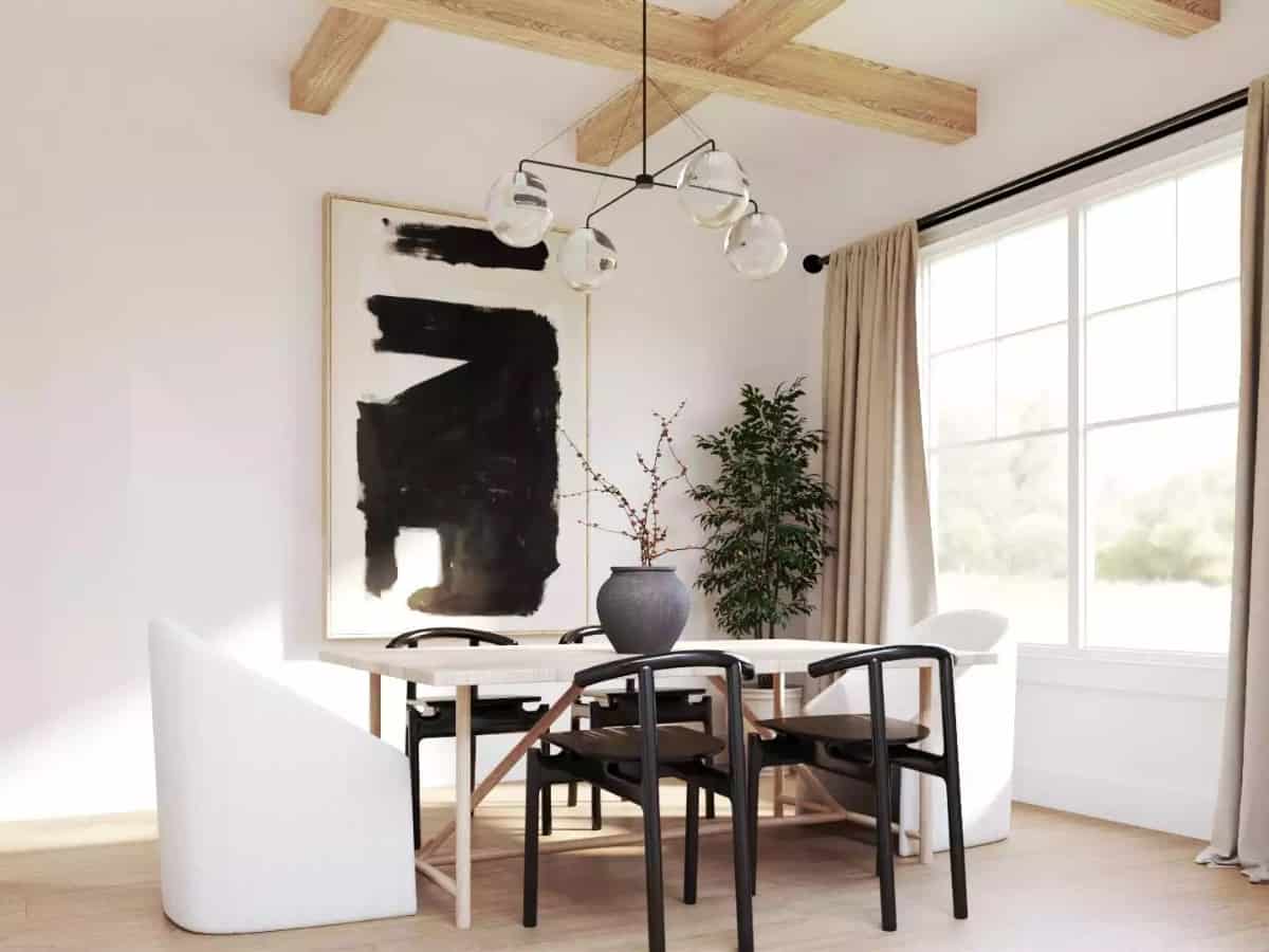 A beamed ceiling mounted with a glass-globe chandelier crowns the dining room.