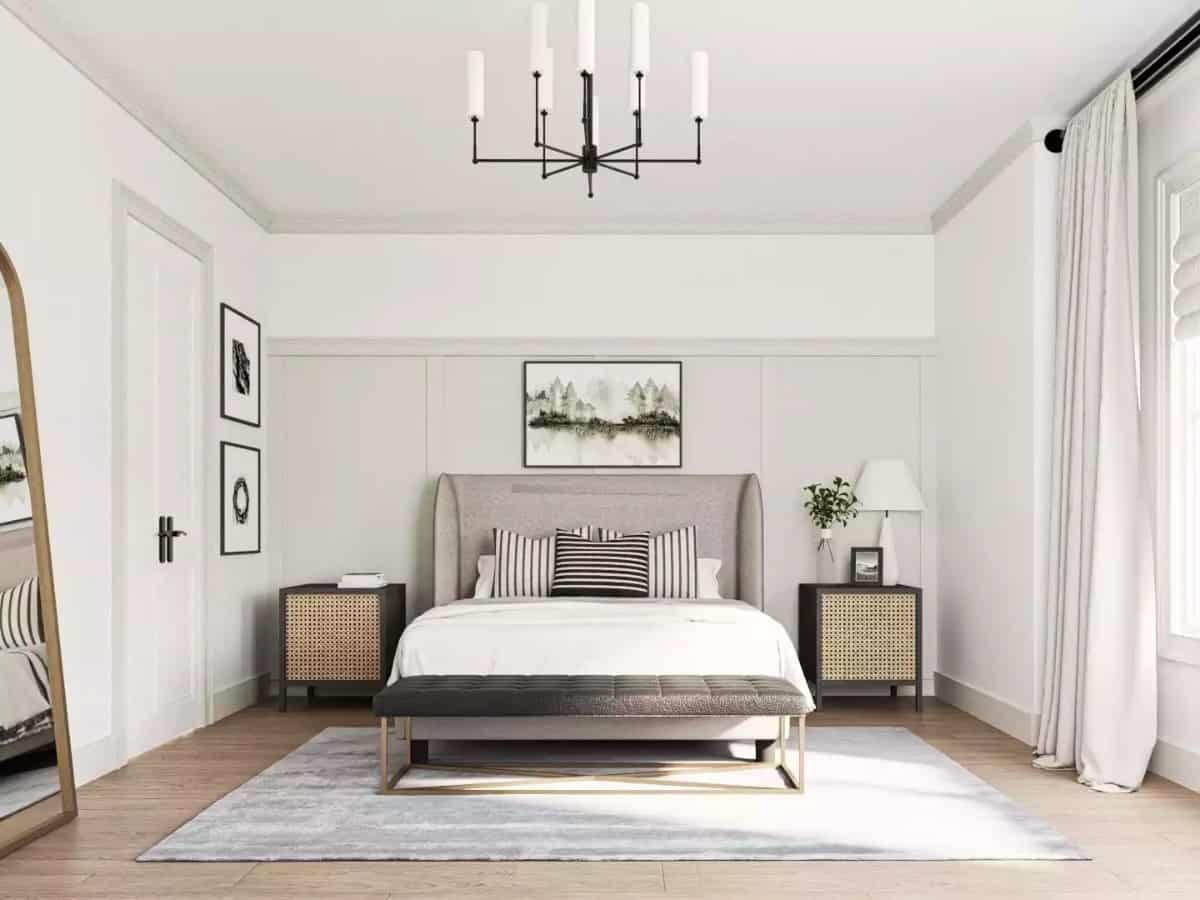 The primary bedroom includes an arched mirror, a paneled accent wall, and a hardwood floor.