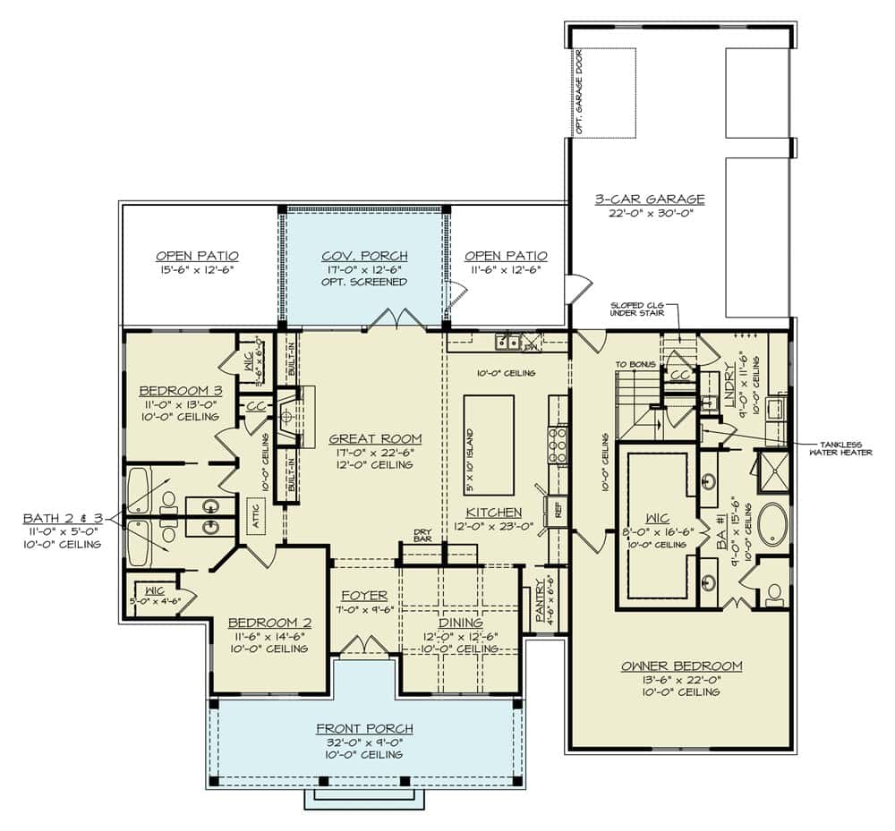 Main level floor plan of a 3-bedroom modern single-story farmhouse with foyer, great room, kitchen, dining room, three bedrooms, laundry, 3-car garage, and lots of outdoor space.
