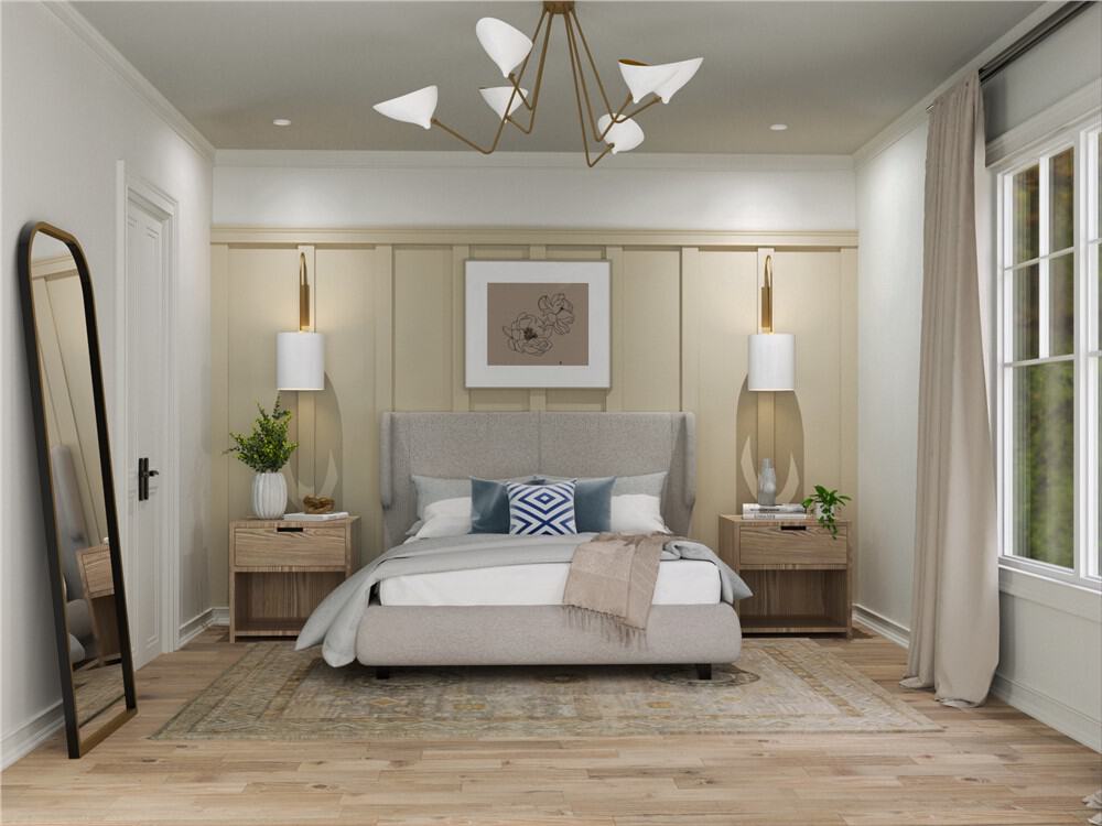 The primary bedroom includes an arched mirror and a vintage area rug over the hardwood floor.