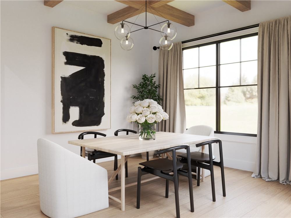 Dining room with a beamed ceiling, round back chairs, and a light wood table that blends in with the hardwood floor.