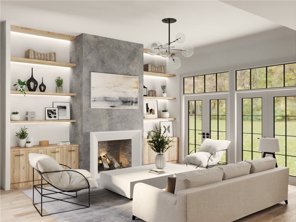 Great room with modern seats and a fireplace flanked by wooden built-ins.