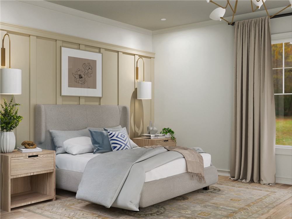 Primary bedroom with wooden nightstands and a wingback bed against the wood-paneled accent wall.