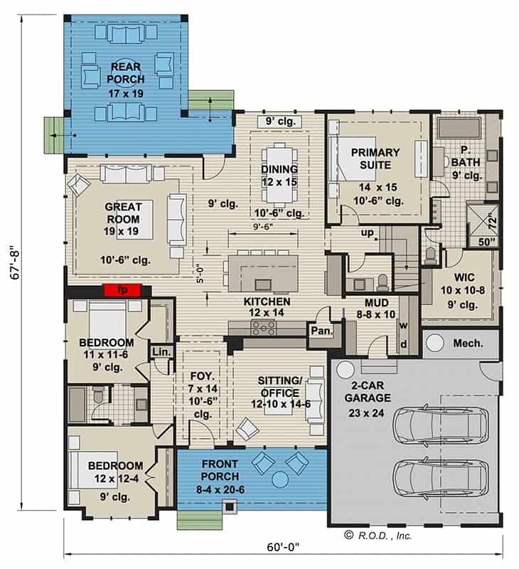 Main level floor plan of a 3-bedroom modern single-story farmhouse with foyer, office, great room, dining area, kitchen, three bedrooms, and a mudroom leading to the garage.