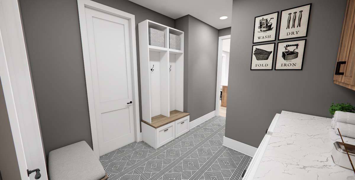 The mudroom includes coat hooks, cubbies, and a storage bench.