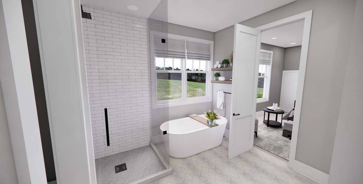 The primary bathroom includes a tiled shower and a soaking tub under the white-framed windows.