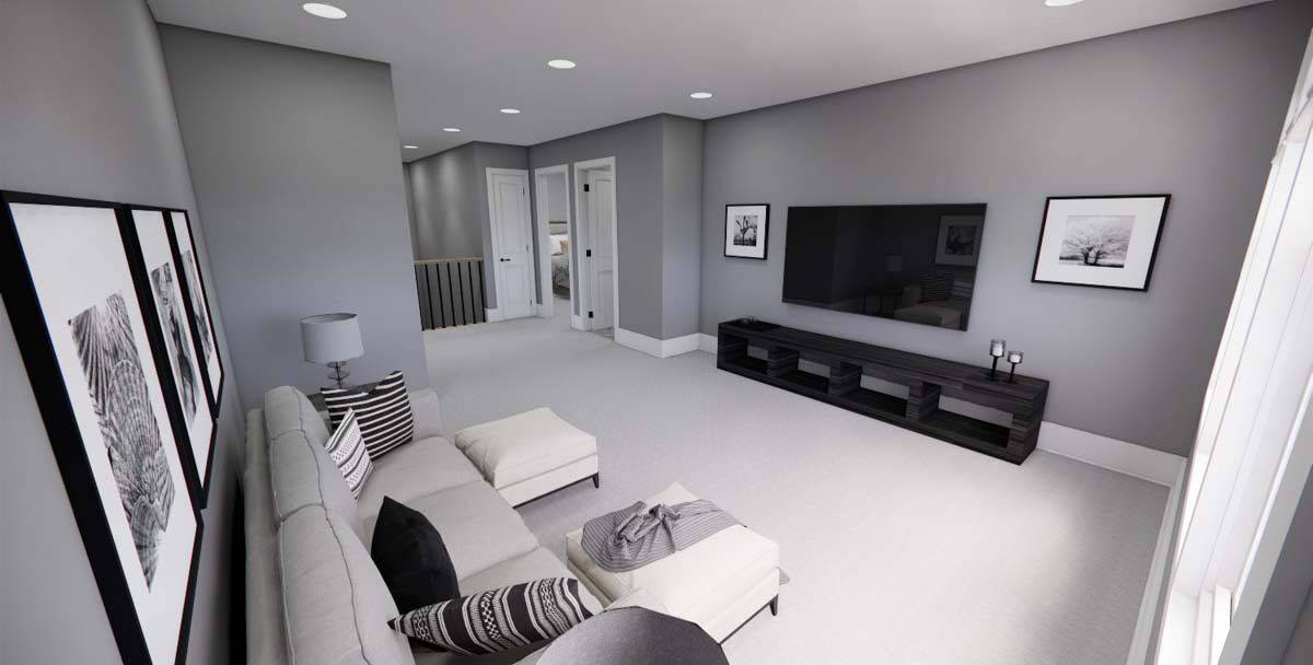 Loft with a sectional sofa and a wall-mounted TV.