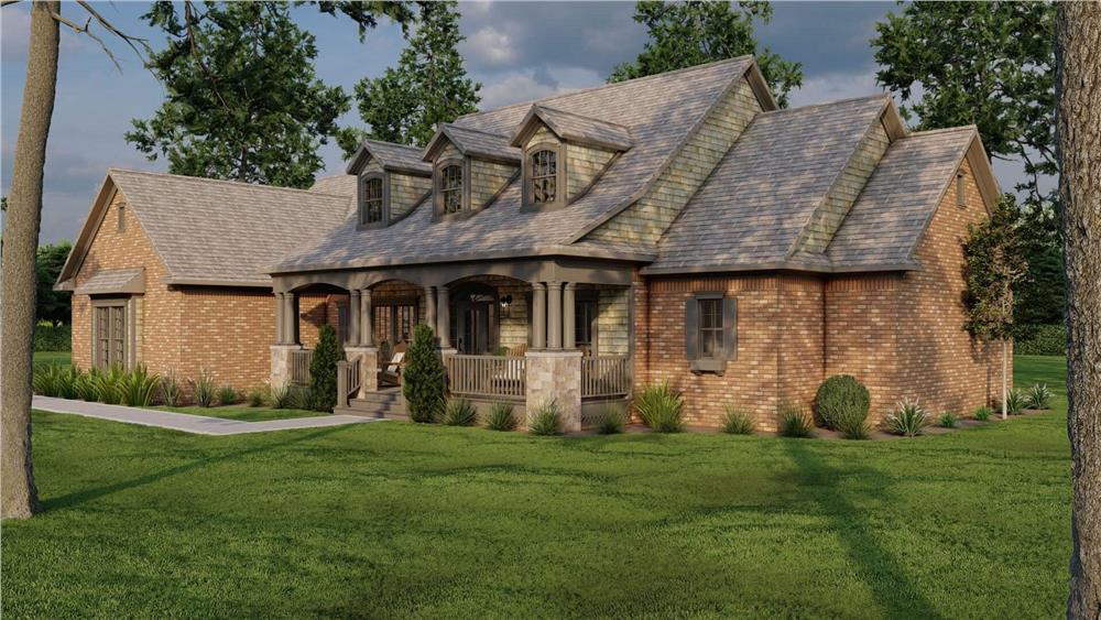 Front-right view with a covered entry porch topped with three gable dormers.