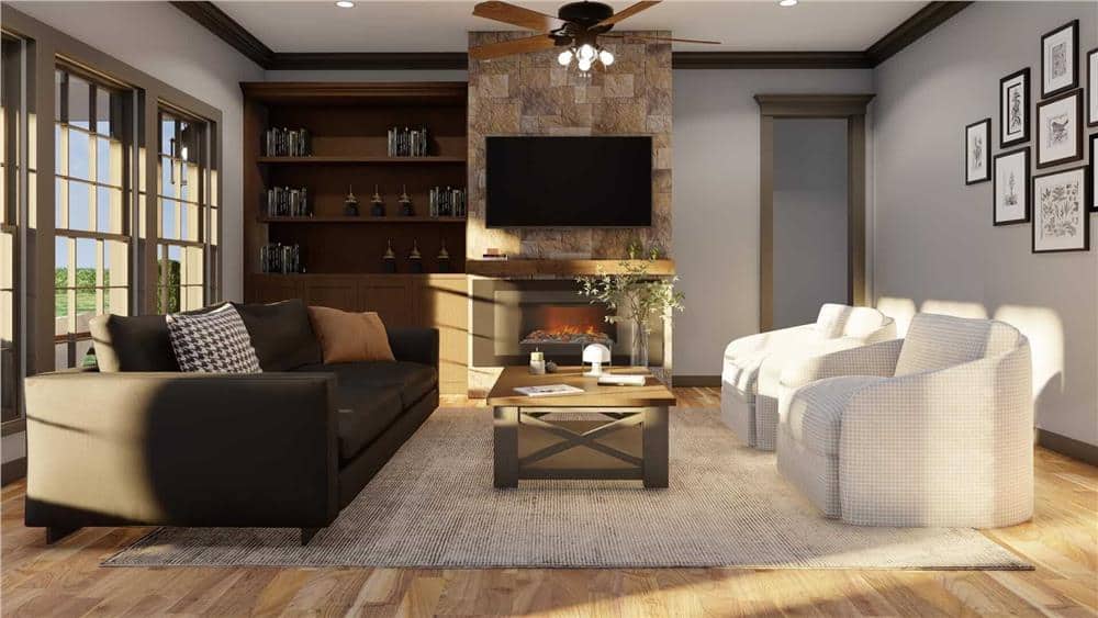 Great room with modern seats, a rustic coffee table, and a stone fireplace topped with a TV.