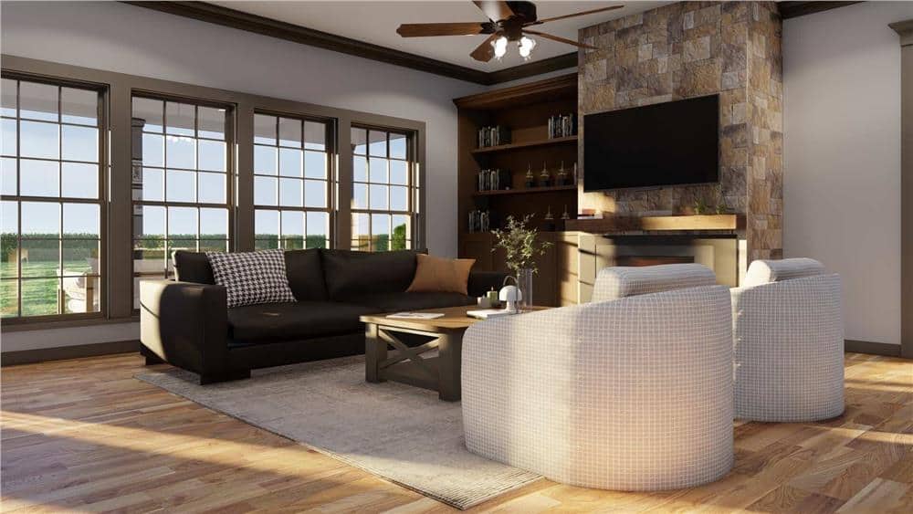 A wall of windows fills the great room with abundant sunlight.