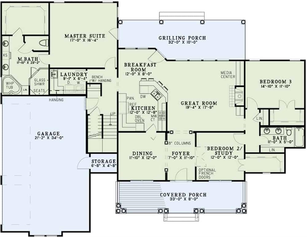 Main level floor plan of a country style 3-bedroom single-story home with foyer, dining room, great room, kitchen, breakfast nook, three bedrooms, laundry, and 3-car side-loading garage.