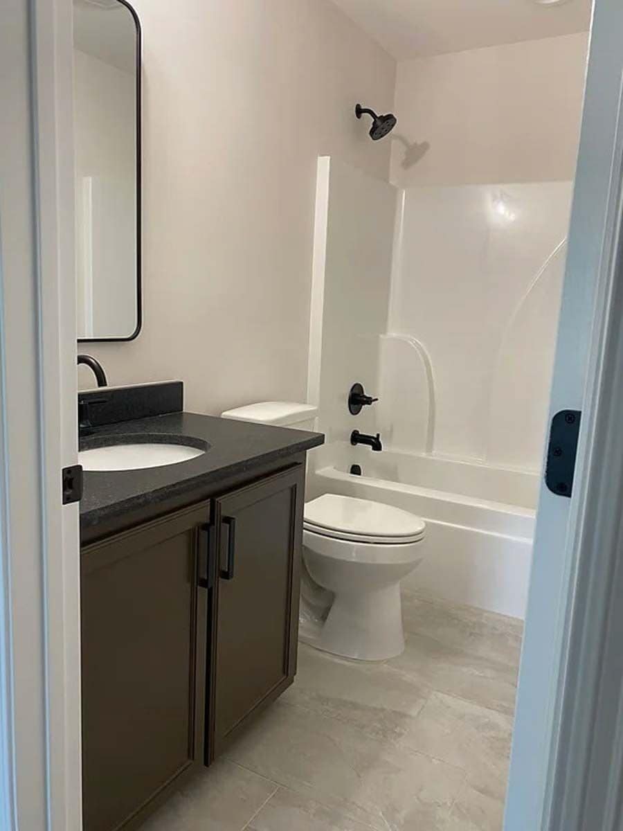 Bathroom with a sink vanity, a toilet, and a tub and shower combo.