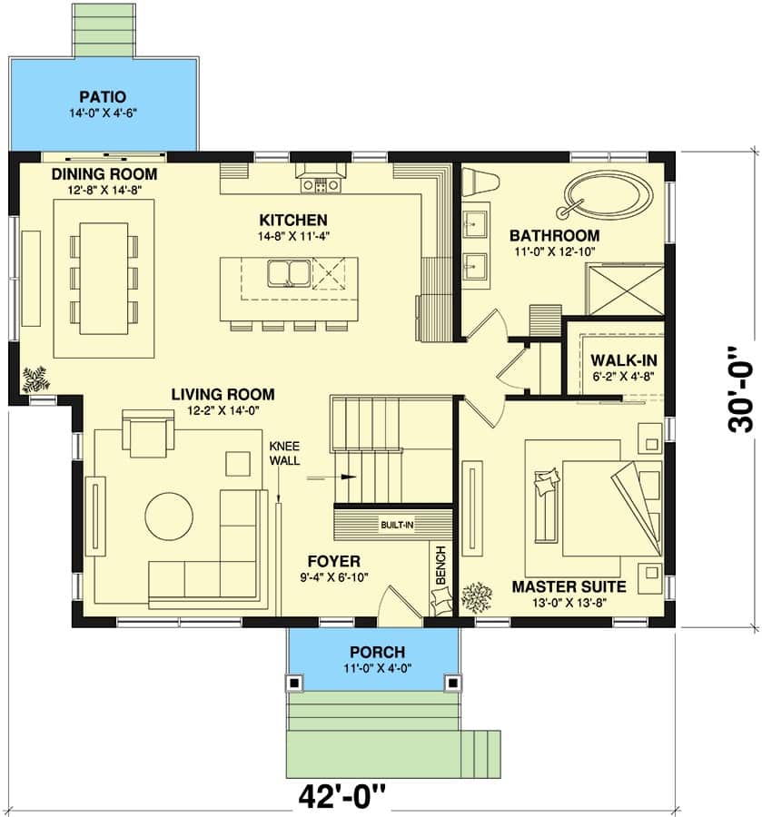 Main level floor plan of a contemporary style 4-bedroom single-story cottage with foyer, living room, kitchen, dining room, primary suite, and a covered patio.