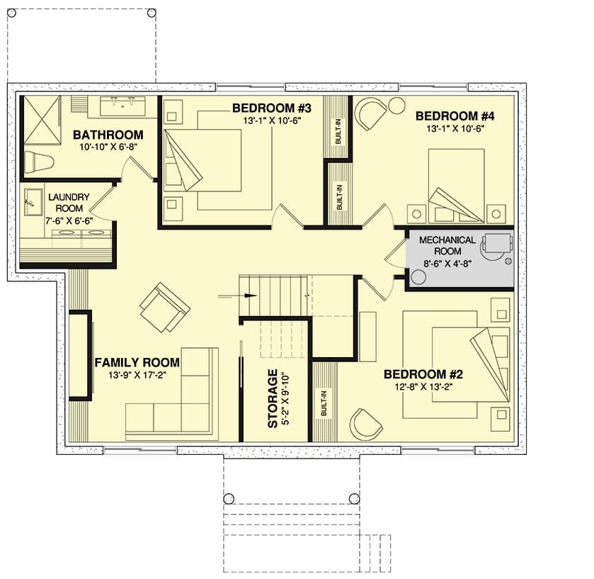 Lower level floor plan with three bedrooms, a shared bath, a laundry room, and a family room.
