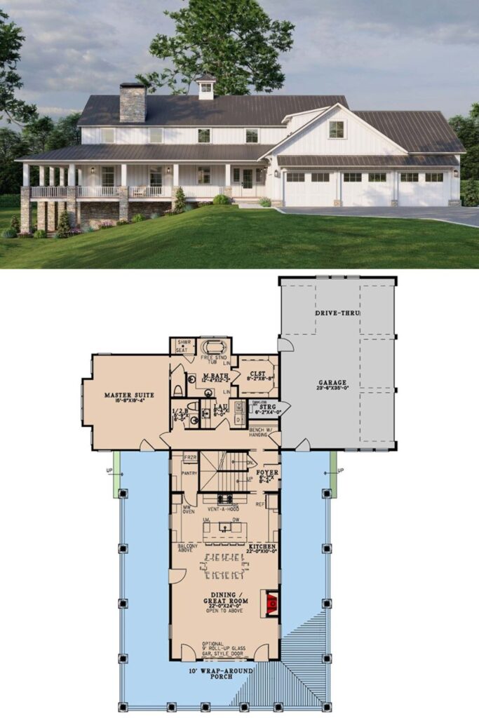 3-Bedroom Country Style Two-Story Home with Wraparound Porch, Balcony ...
