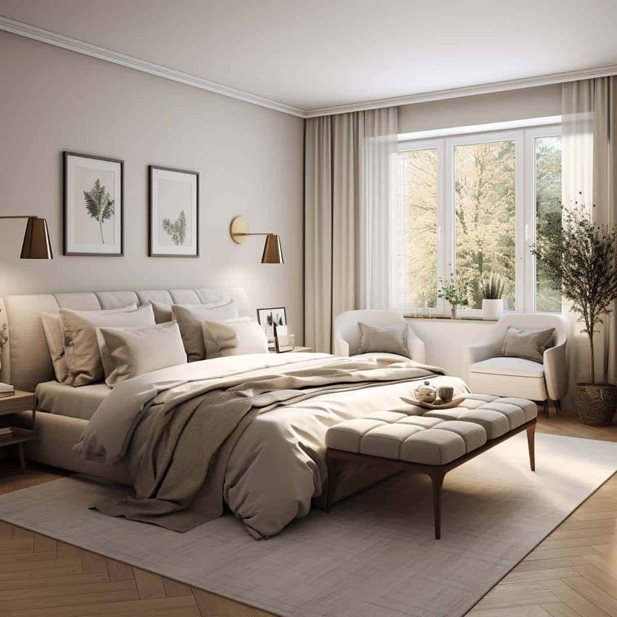 Primary bedroom with a sitting area by the windows and an upholstered bed complemented with a tufted bench.
