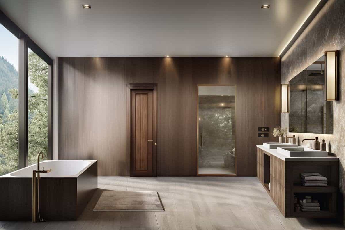 Primary bathroom with a floating vanity, a walk-in shower, and a soaking tub against the glazed wall.