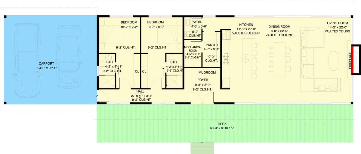 Main level floor plan of a mid-century modern single-story cabin with foyer, mudroom, kitchen, dining room, living room, two bedroom suites, and a carport.