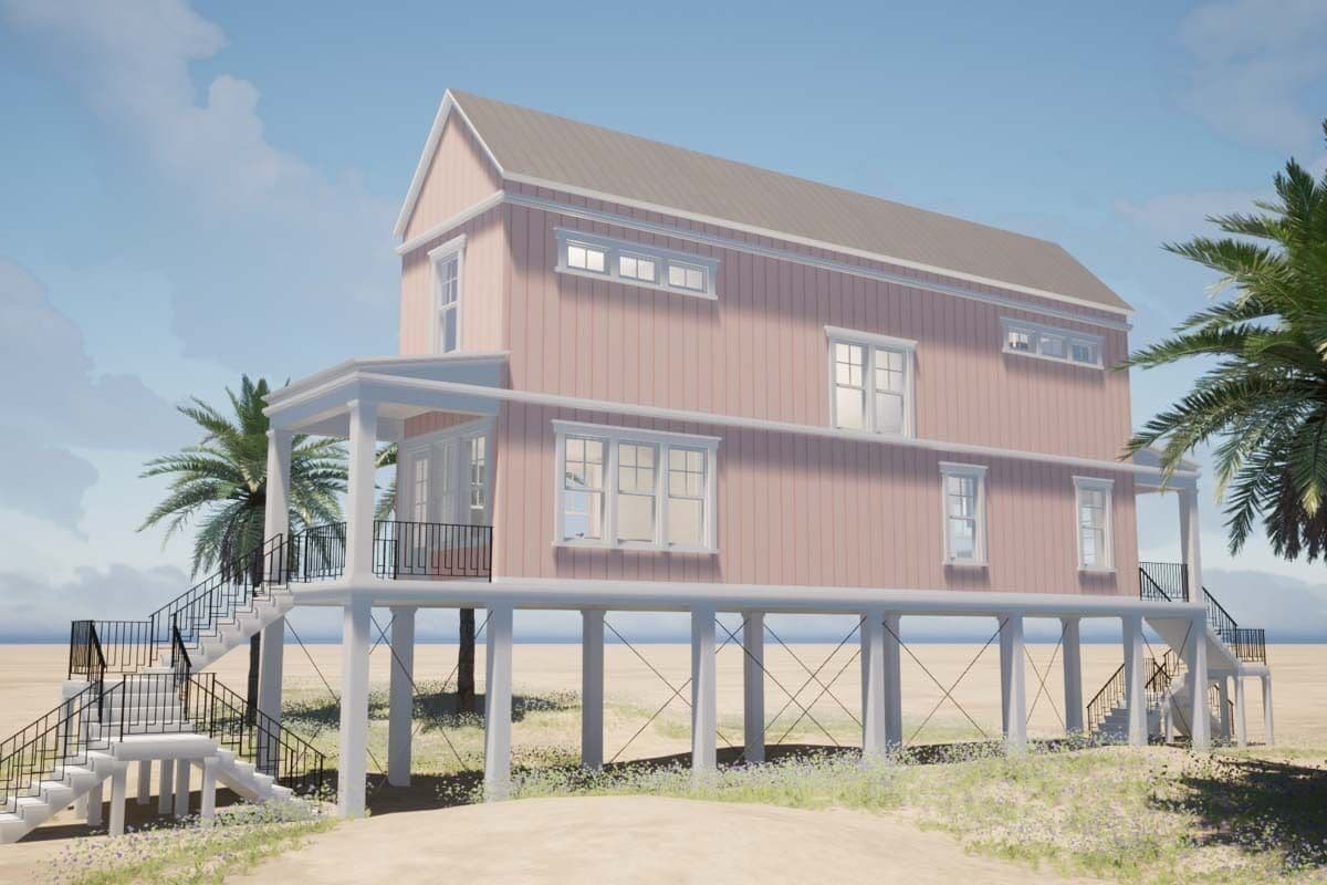 Front-right view with a covered porch and white-framed windows.