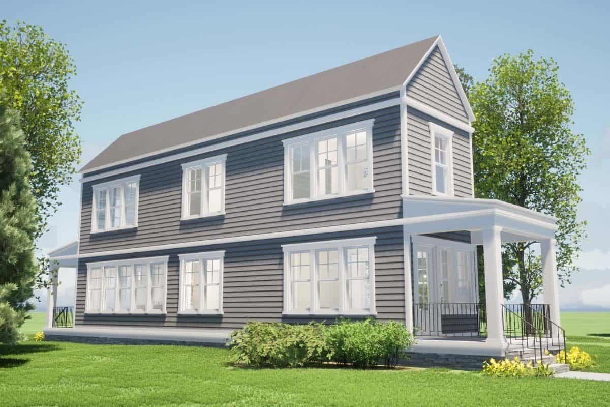 Front-left view with a covered entry porch and plenty of white-framed windows.