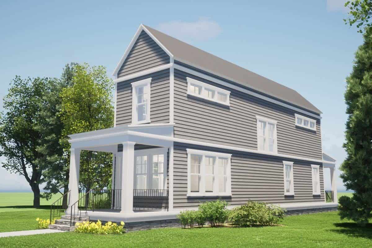 Front-right view with a clerestory windows and a covered entry porch.